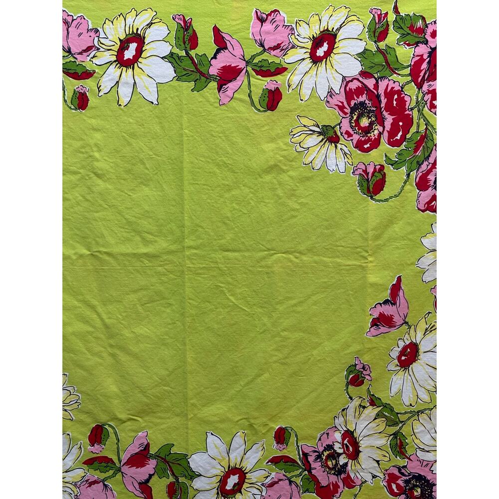 Vtg 1950s Floral Cotton Tablecloth Chartreuse Lime Green Red Pink Retro 52x64 - Picture 5 of 6